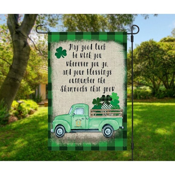 St Patrick's Day Garden Flag Irish Blessing on Green Plaid & Shamrock Truck NEW - Picture 1 of 8